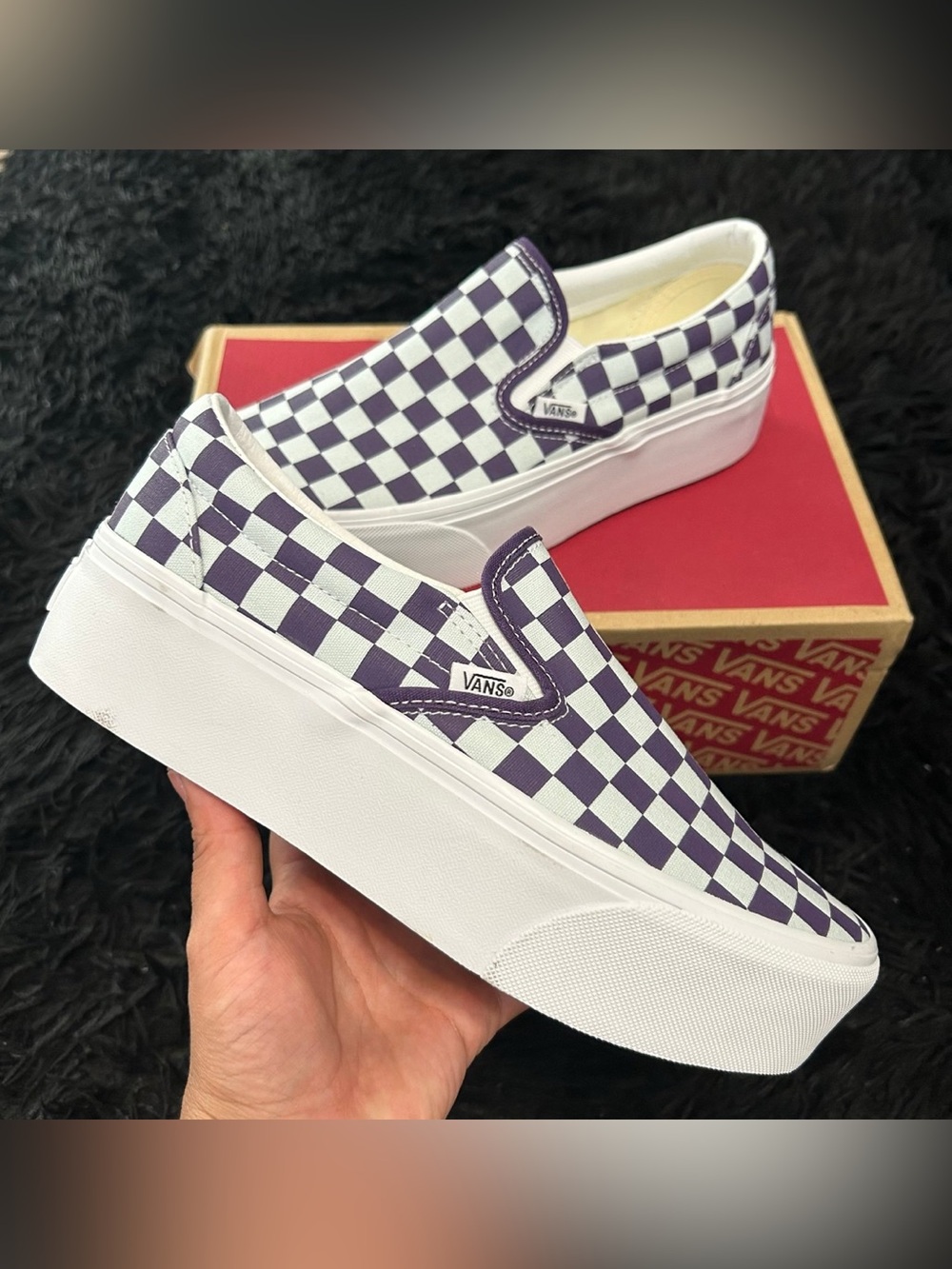 VANS stackform checkerboard mist blue and gothic grape platform slip on shoes 9